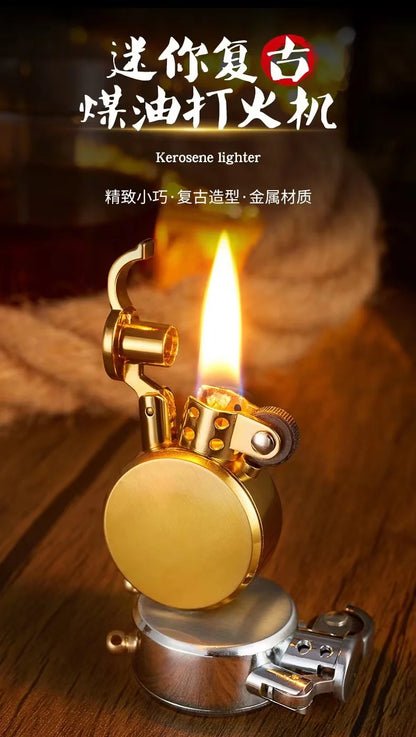 New Retro Round Kero sene Lighter Creative Metal Windproof Flame Lighter Gold and Silver Oil Lighter Smoking Accessories Tool