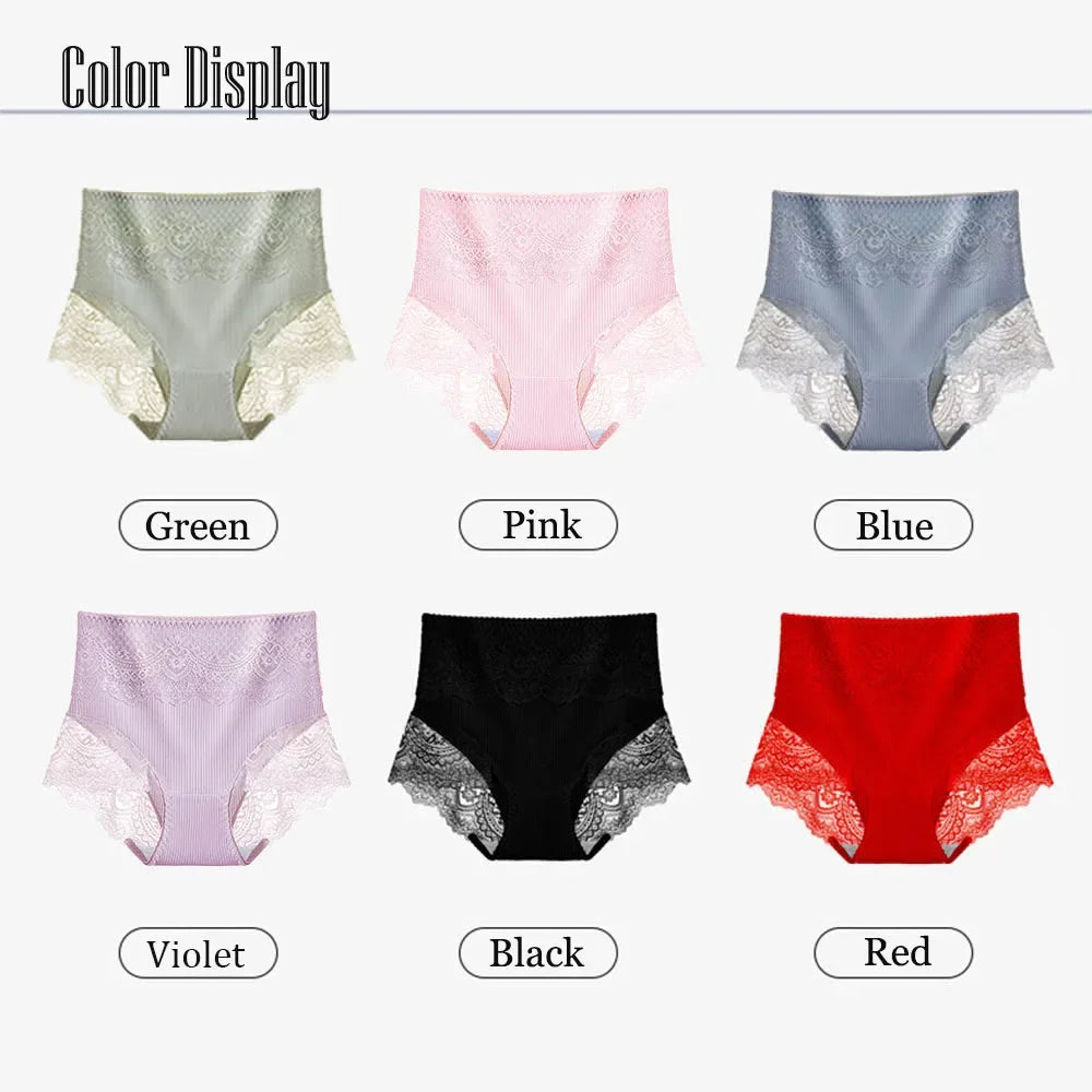 New Women's Cotton Underwear High Waist Antibacterial Panties Sexy Lace Seamless Tummy Briefs Ladies Triangle Shorts Large Size