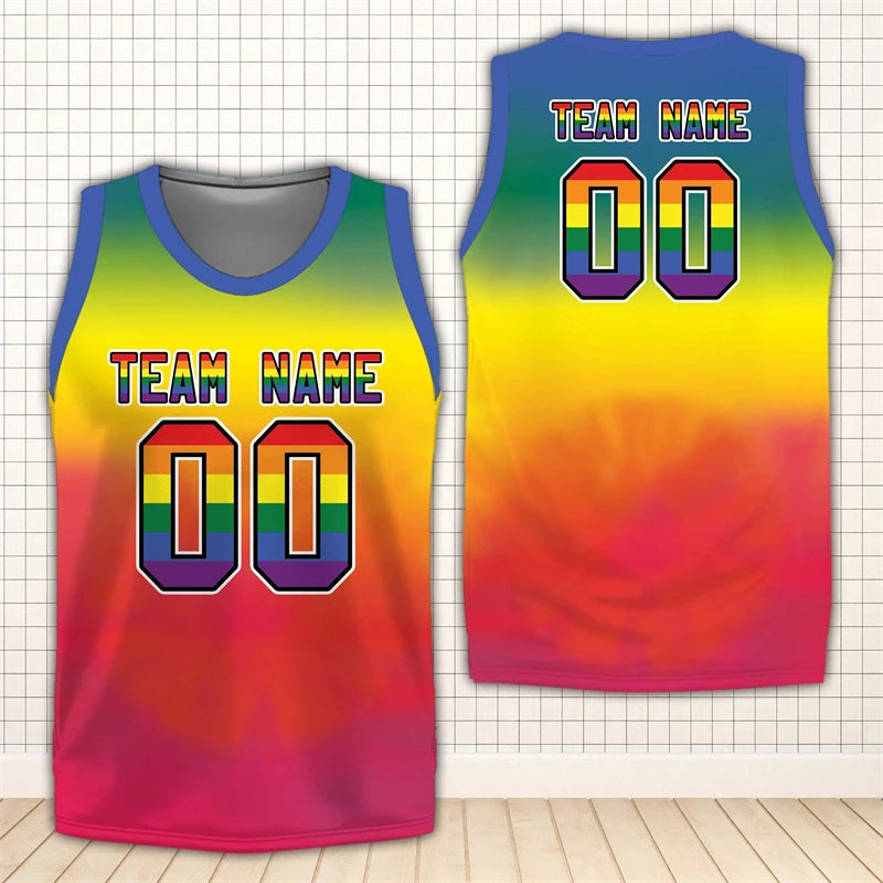 Rainbow LGBT Pride Basketball Jersey Custom Name Team Name Number 3D Printed Crew Neck Tank Tops Loose Quick Dry Sports Vest