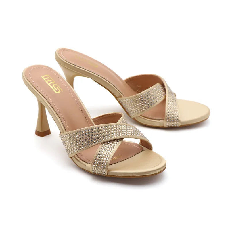 Rhinestone Slippers For Woman 2025 New Elegant Party Shoes Summer Thin High Heeled Slides Fashion Women Sandals Zapatos Mujer
