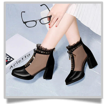 2025 Elegant High Heels Mesh Bow Summer Shoes High Heel Women Sandals Fish Mouth Black Leather Sandal Ankle Boots Luxury Fashion