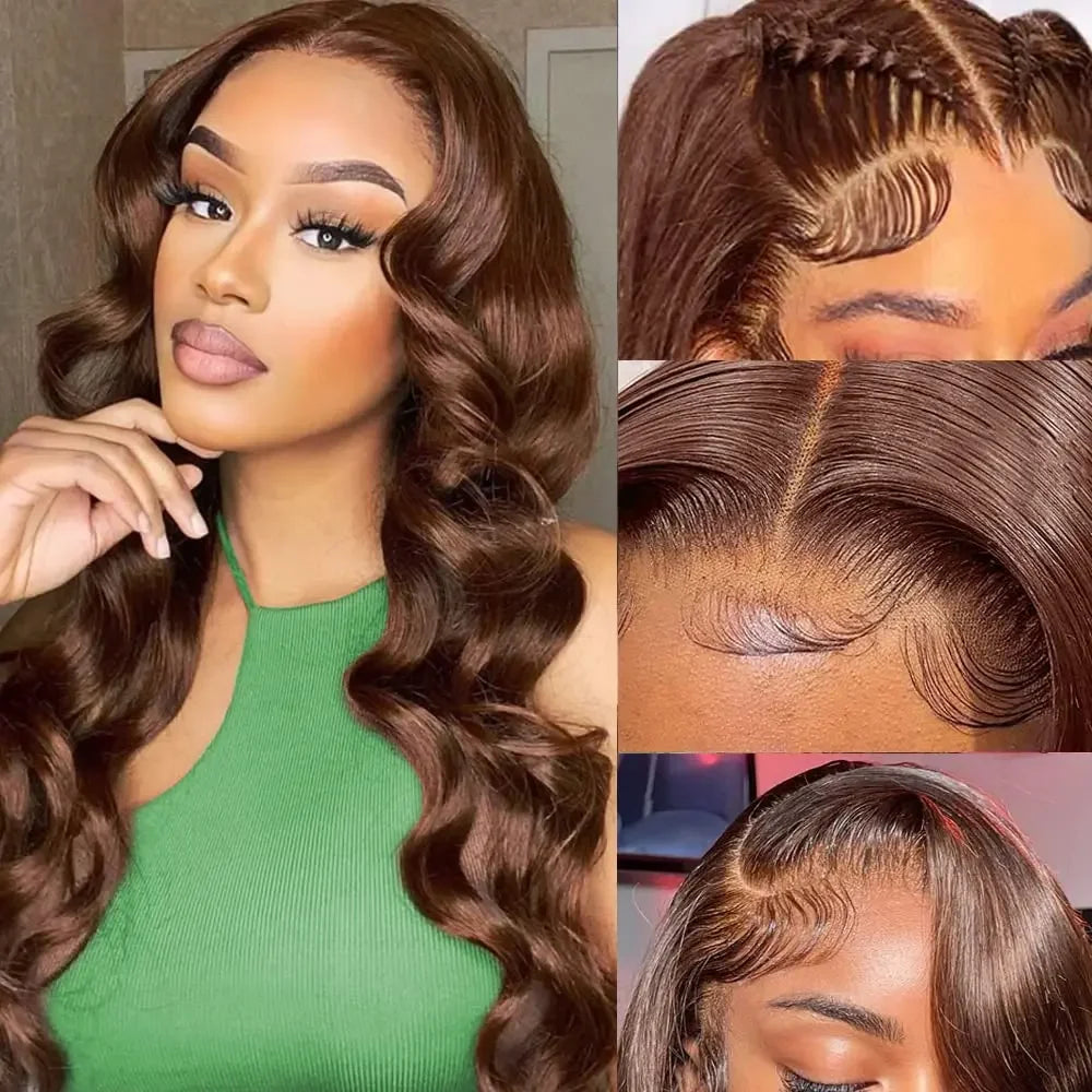Chocolate Brown 13x4 Lace Front Wig Brazilian Pre Plucked 13x4 HD Lace Frontal Wigs Dark Brown Body Wave Human Hair Closure Wigs