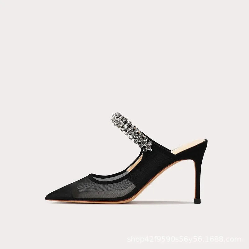 2024 New One Word Water Diamond Women's Summer Baotou Mesh Fine Heels Pointed High Heels Black Slippers
