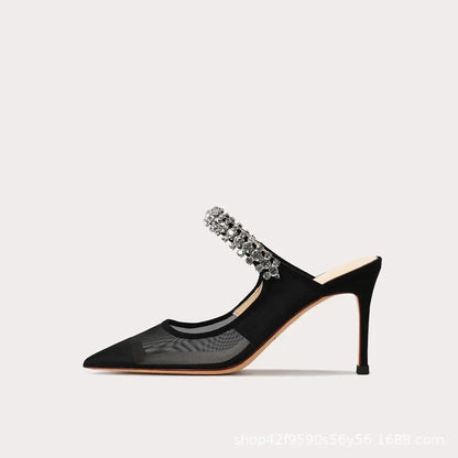 2024 New One Word Water Diamond Women's Summer Baotou Mesh Fine Heels Pointed High Heels Black Slippers