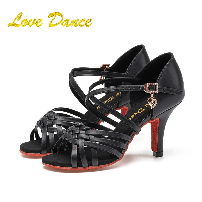 SW Latin Dance Premium Professional Women's Black Dance Shoes with Red Sole for Ballroom, Competition, Rumba & Cha-Cha Practice