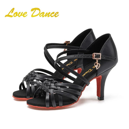 SW Latin Dance Premium Professional Women's Black Dance Shoes with Red Sole for Ballroom, Competition, Rumba & Cha-Cha Practice