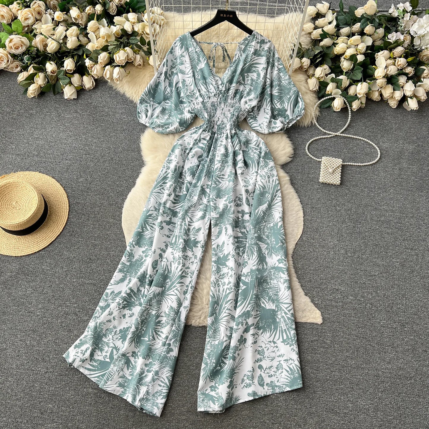 Women's Print Jumpsuit Casual V-neck Bubble Sleeve Backless Lace-Up Slimming Summer Beach Vacation Loose Wide Leg Jumpsuit