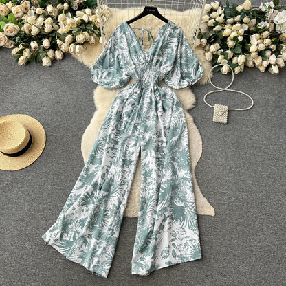 Women's Print Jumpsuit Casual V-neck Bubble Sleeve Backless Lace-Up Slimming Summer Beach Vacation Loose Wide Leg Jumpsuit