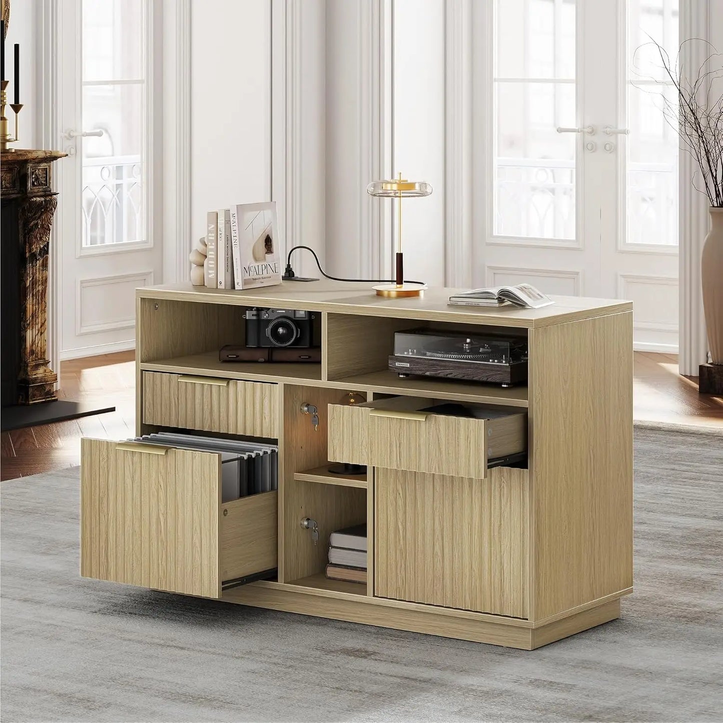 4 Drawer File Cabinet, Fluted Wood Lateral Filing Cabinet with Lock and Charging Station for Home Office, Printer, Customized