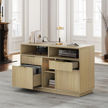 4 Drawer File Cabinet, Fluted Wood Lateral Filing Cabinet with Lock and Charging Station for Home Office, Printer, Customized