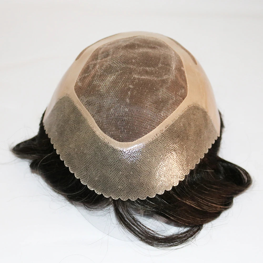 Durable Mens Wig NPU Bond Mono Pu Front Hair Replacement System Breathable Lace Mix Brown Grey 1B80 565# Human Hair Prosthesis