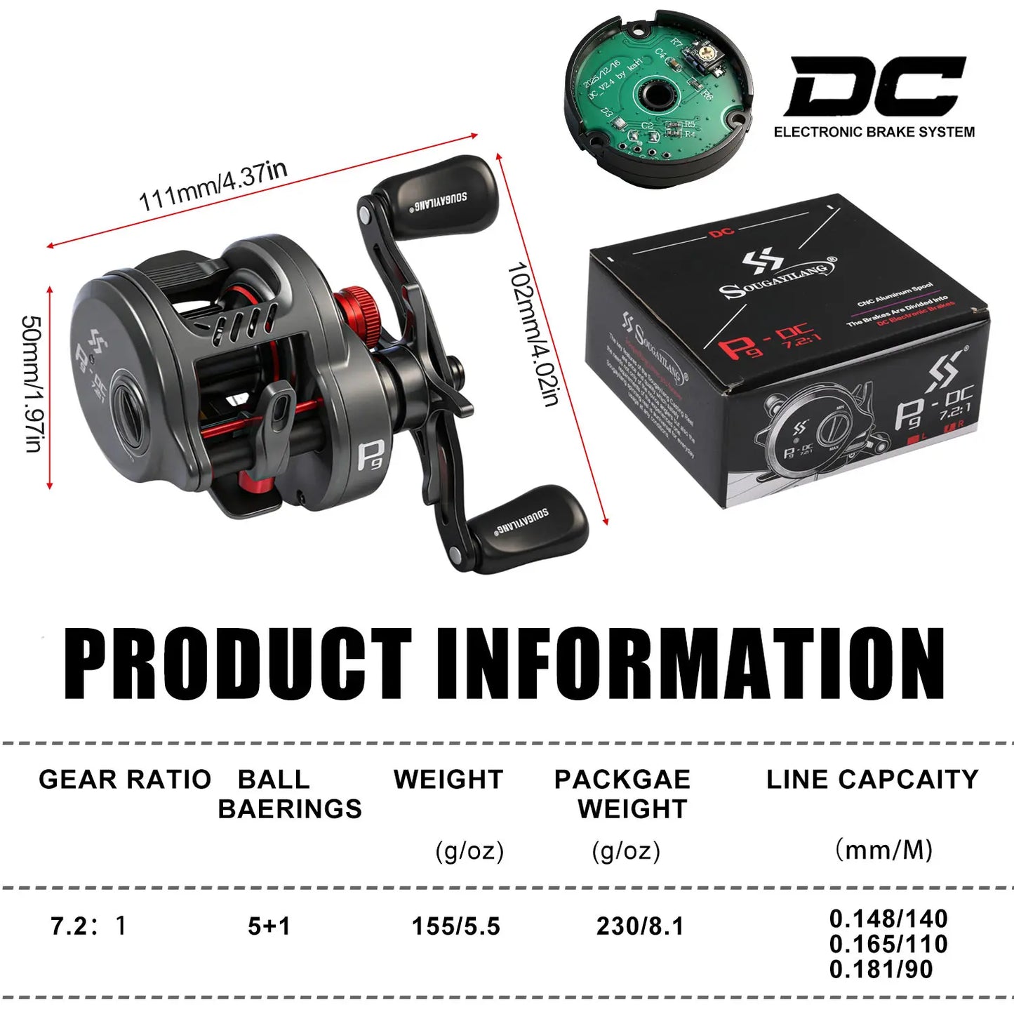 Sougayilang P9-DC Round Baitcasting Reel Electronic DC Brake System 7.2:1 Gear Ratio Ultralight Casting Fishing Reel Saltwater
