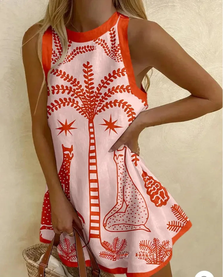 Women Sleeveless Dress Cute Sardines Fish Graphic Print Summer New Short Dress Beach Vacation Party Girl Skirts Dress