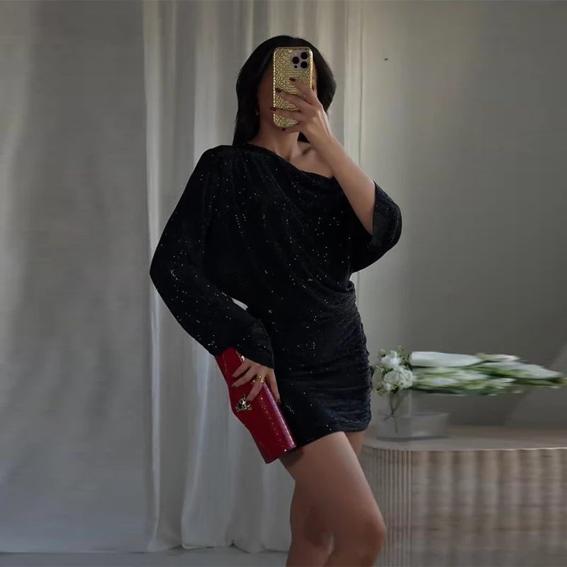Chic Sequin V-neck Dress Women Sexy Sleeveless Pleated Waist-cinched Empire Dresses Elegant Party Spring New Lady Gown 2026