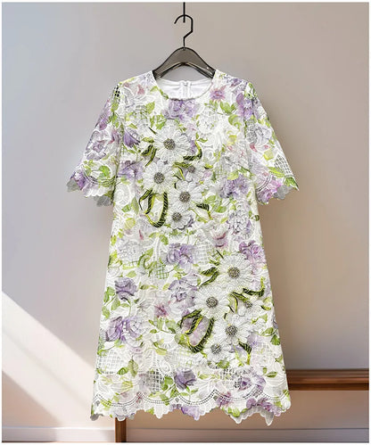 Womens Summer Hollow Embroidery Dress Short Sleeve Beaded Applique Lace Midi Dress Casual Elegant Chic Summer Party Wear