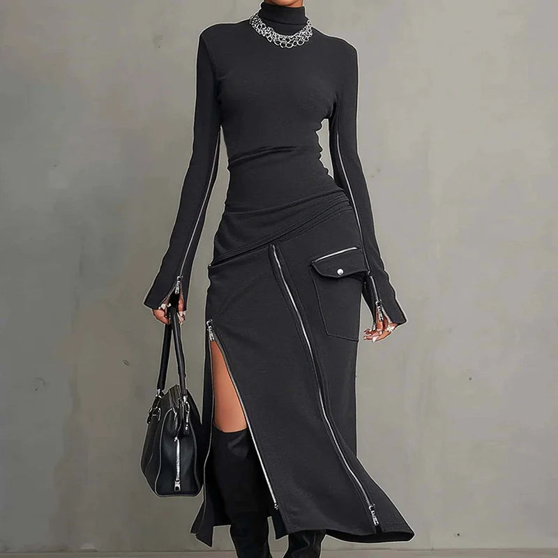 Women's Turtleneck Long Sleeve Pullover Top with Zipper Patchwork Maxi Skirt Two-Piece Set Spring Summer Streetwear Outfit 2026