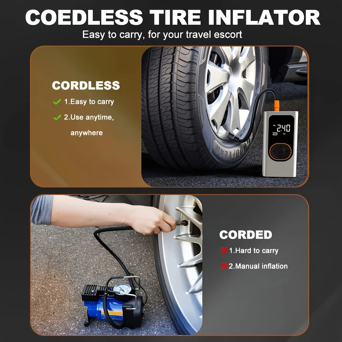 Multifunction Digital Air Pump, Portable Tire Inflator with SOS Light for Car Motorcycle Bicycle Tires, Balls, Boats, Camping