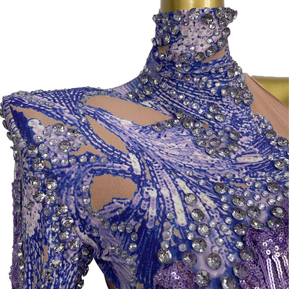 Sparkly Sequins Tassel One Shoulder Tight Bodysuit Women Dance Leotard Outfit Nightclub Bar Performance Costume Stage Wear Duxiu