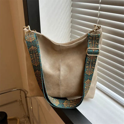 Bohemian Style Women Shoulder Bag, Vintage Wide Strap Crossbody with Intricate Embroidery, Versatile for Casual Commuting Wear
