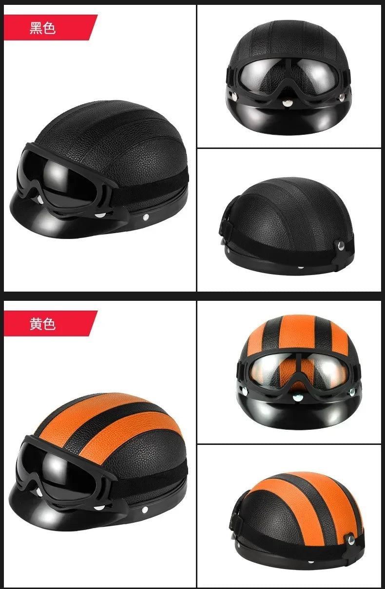 Retro Leather Half Helmet with Ear & Neck Protection - All-Season Cycling Safety Helmet