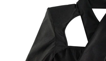 Ahagaga Sexy Club Women's Mini Dresses Solid Hollow Out V-Neck Regular Long Sleeves Sheath Bodycon Slim Fit Streetwear Vestidos