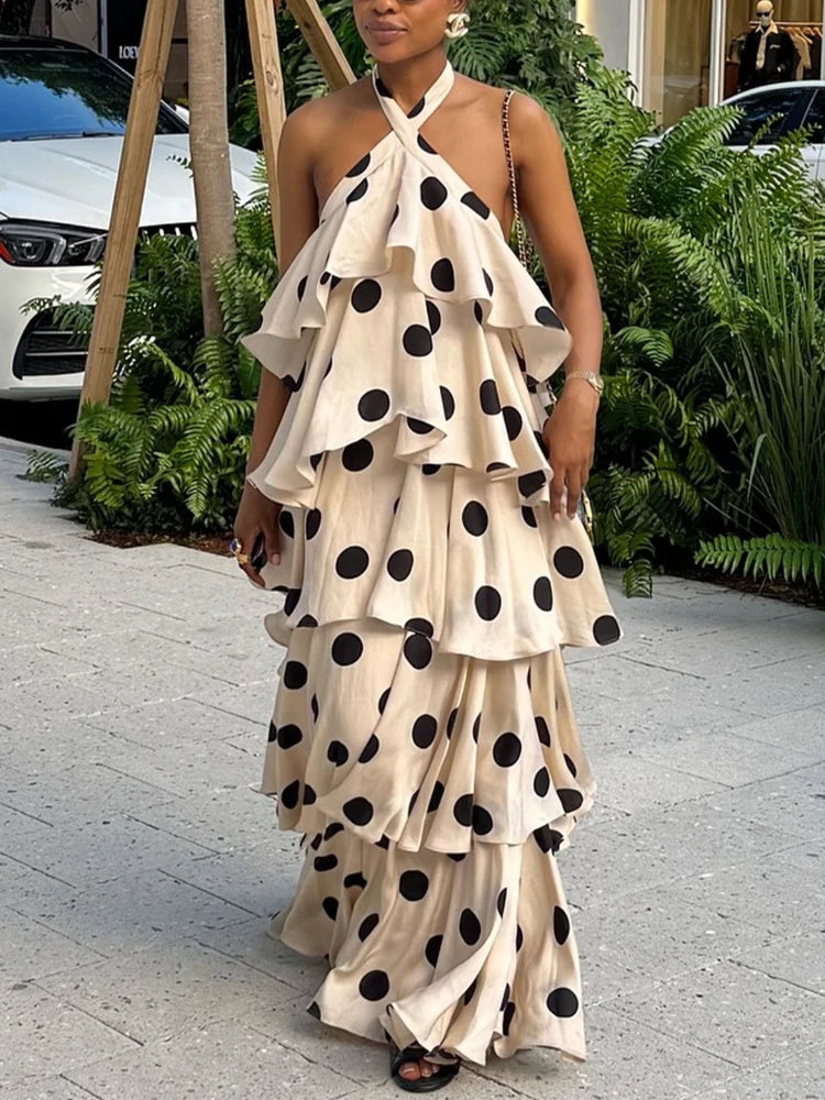 Women Long Dress Cake Dresses Party Night Vestidos Y2k Streetwear Halter Sleeveless Elegant Splice Print Dot Sexy Backless 2026