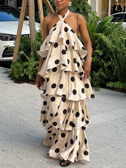 Women Long Dress Cake Dresses Party Night Vestidos Y2k Streetwear Halter Sleeveless Elegant Splice Print Dot Sexy Backless 2026