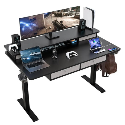 55 * 30 Inches Electric Standing Widened Desk Adjustable Height with 4 Drawers, Double Storage Shelves Stand Up, Customized