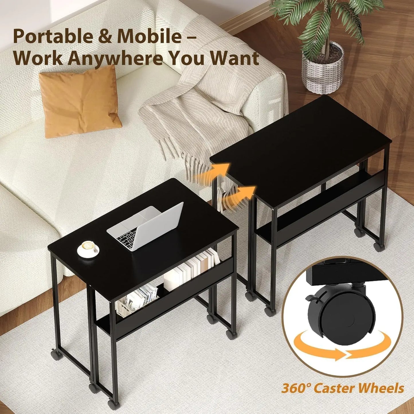 Black Folding Rolling Desk Space Saving with Laptop Table Storage Shelf Sturdy Frame Mobile Workstation Sofa Table with Wheels
