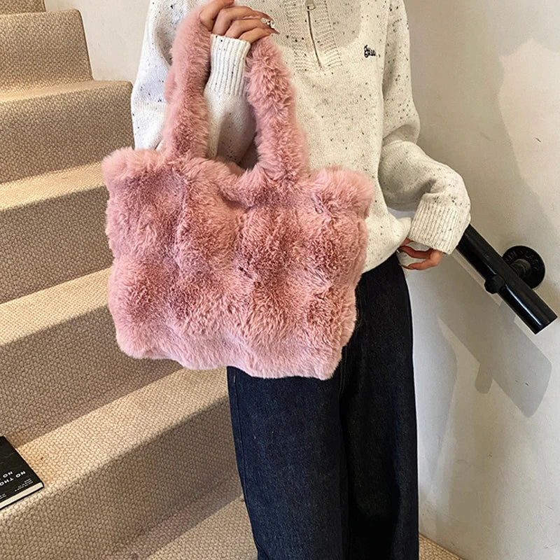 Women's Fluffy Plush Shoulder Bag Autumn Winter Top-Handle Solid Color Tote Versatile Commuter Handbag for Girls