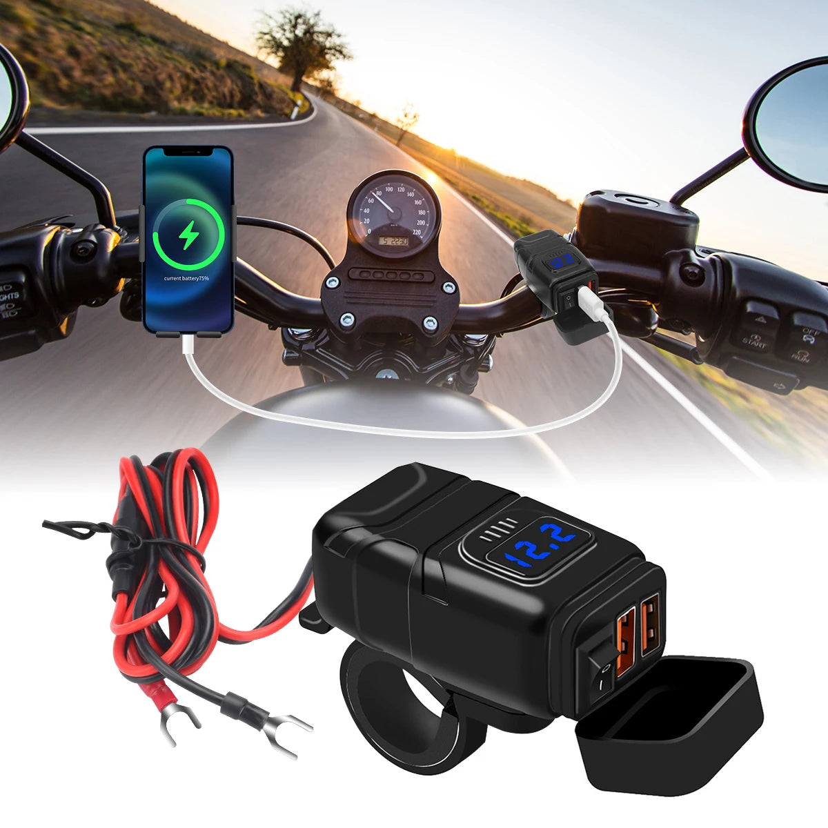 1x Motorcycle Dual USB Socket QC3.0 Fast Charger 60W Handle Style with Switch Voltmeter Waterproof 12V Power Supply Adapter Kit