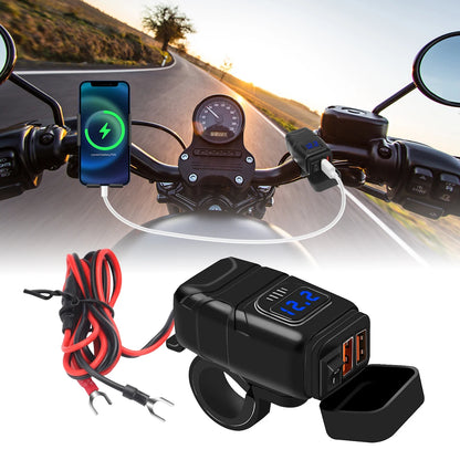 1x Motorcycle Dual USB Socket QC3.0 Fast Charger 60W Handle Style with Switch Voltmeter Waterproof 12V Power Supply Adapter Kit