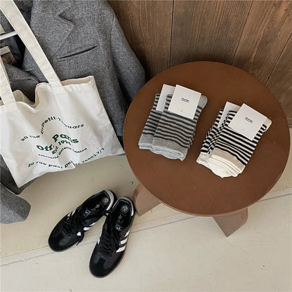 Korean Simple Colored Striped Cotton Socks Women’s Autumn Winter Breathable Middle Tube Socks College Style Trendy Casual Socks