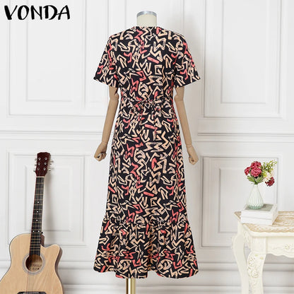 VONDA Women Vintage Maxi Dress Short Sleeve Summer Party Vestidos 2025 Casual Printed A-line Robe Bohemian V-Neck Long Sundress