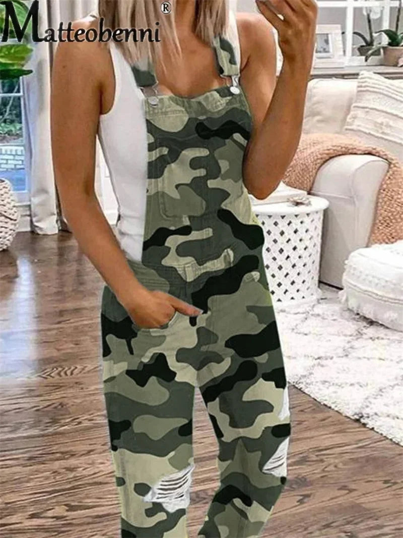 Fashion Broken Holes Straight Jeans Splicing Pocket Strap Pants Women's Street Casual Versatile Basic Jumpsuit Female Rompers 23