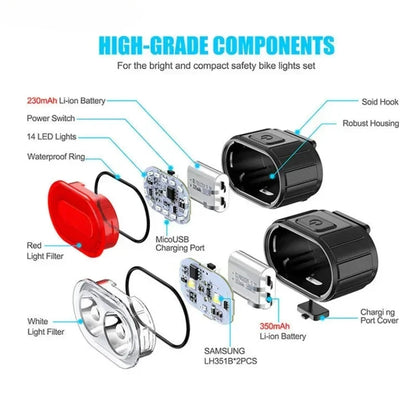 USB Rechargeable Bicycle Lights Bike Safety Warning Lamp Outdoor Waterproof Cycling Flashlight For Mountain And Road Bikes