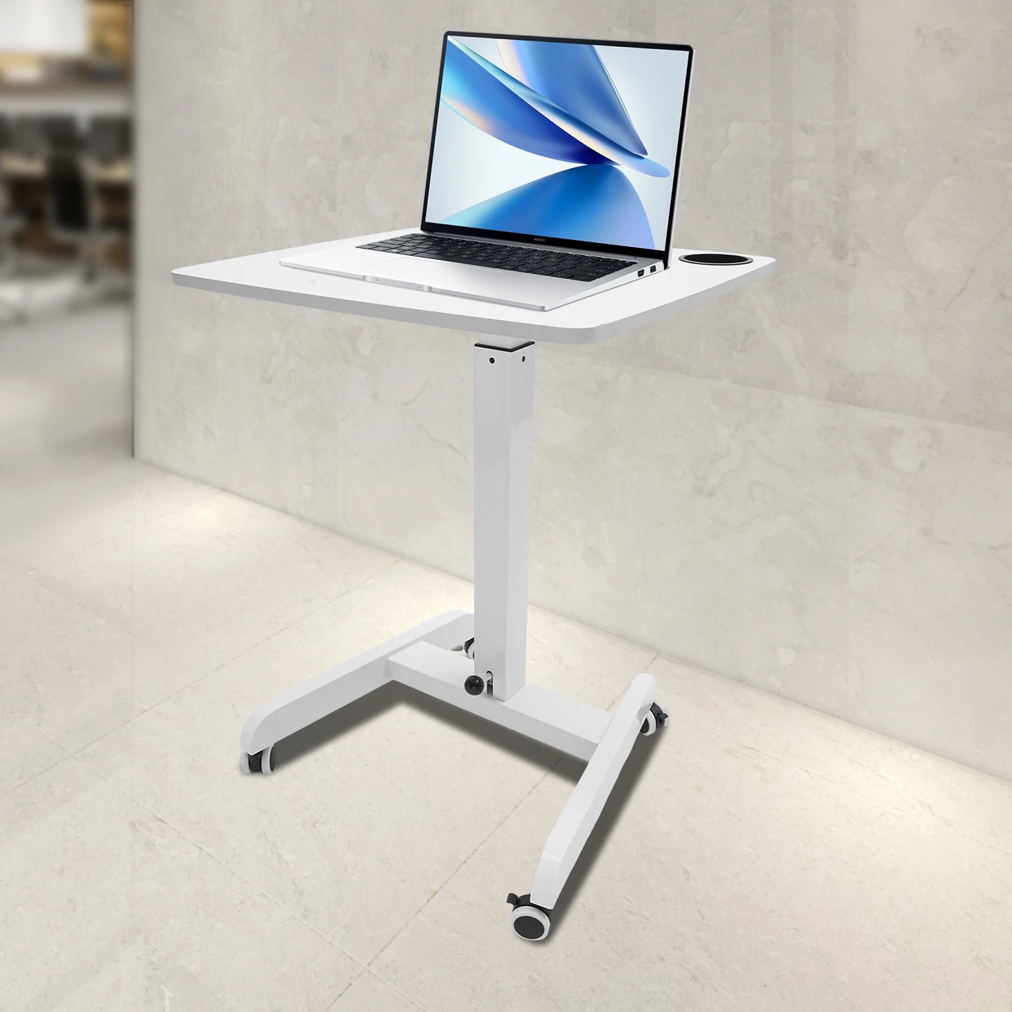 20.5*23.6*44.2in Standing Foot Pedal Lifting Table, Mobile Standing Table, Portable Podium with Wheels - White