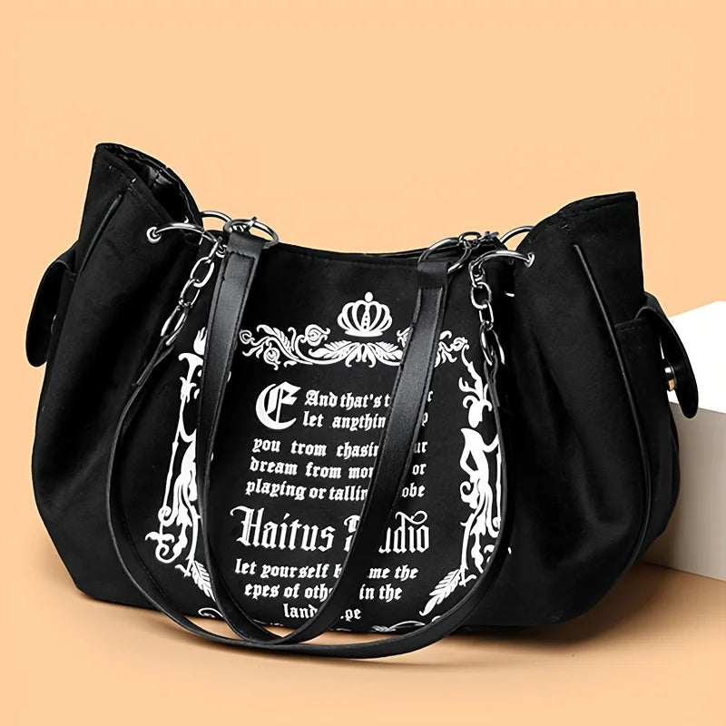 Letter Print Faux Suede Women Handbag Shoulder Bag, Retro Large Capacity Tote Bag for Daily Commuting and Hand-Carry.Pumpkin Bag