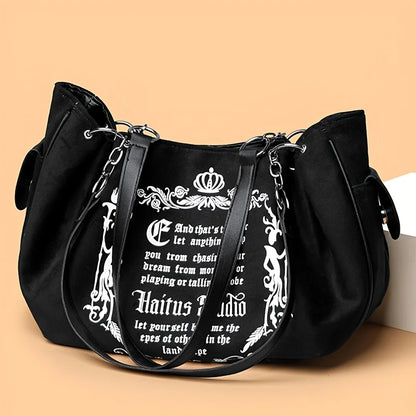 Letter Print Faux Suede Women Handbag Shoulder Bag, Retro Large Capacity Tote Bag for Daily Commuting and Hand-Carry.Pumpkin Bag