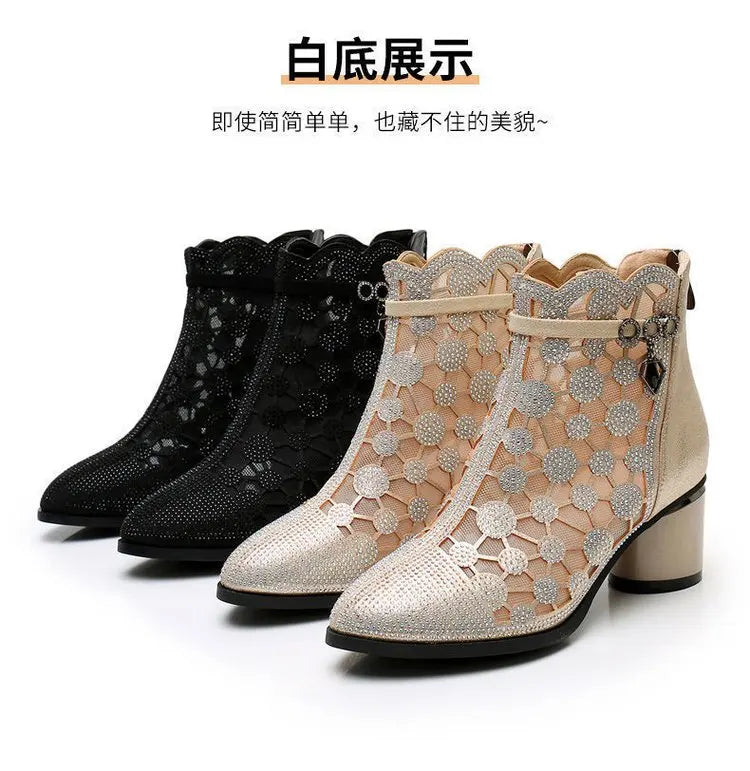 2026 Spring Summer Fashion Rhinestones Gauze Sandals Thick Heels Mesh Autumn Ankle Boots Female Hollow Women's Shoes