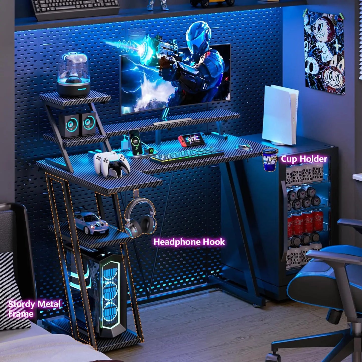 39 Inch Gaming Desk with LED Lights & Power Outlet, Small Gaming Computer Desk with Storage Shelves, L Shaped Gamer, Customized