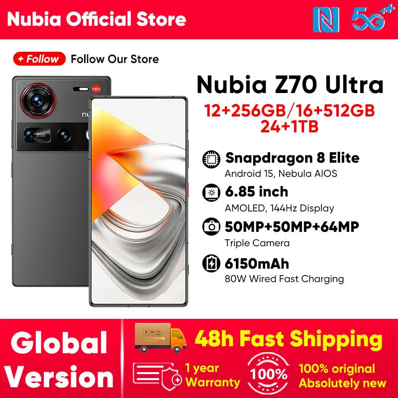 Nubia Z70 Ultra 5G Smartphone Snapdragon 8 Elite Processor 6.85' 144Hz AMOLED Display NFC  Global Version 16GB 512GB