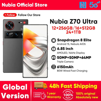 Nubia Z70 Ultra 5G Smartphone Snapdragon 8 Elite Processor 6.85' 144Hz AMOLED Display NFC  Global Version 16GB 512GB