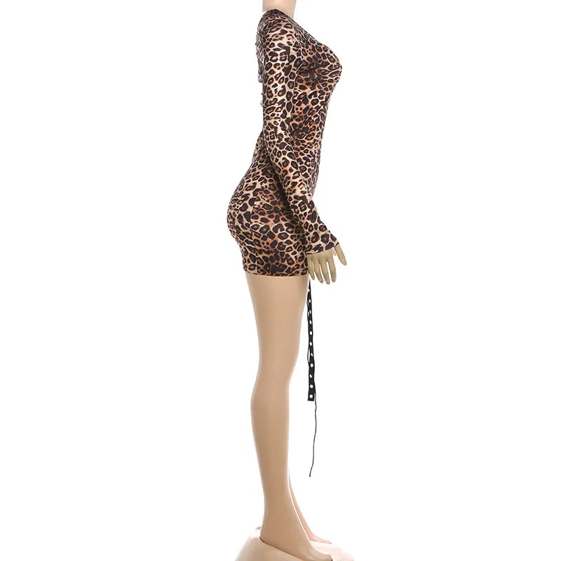 FAGADOER Spring New Sexy Leopard Print Dresses Woman Off-shoulder Backless Bandage Patchwork Dress Female Streetwear Vestidos