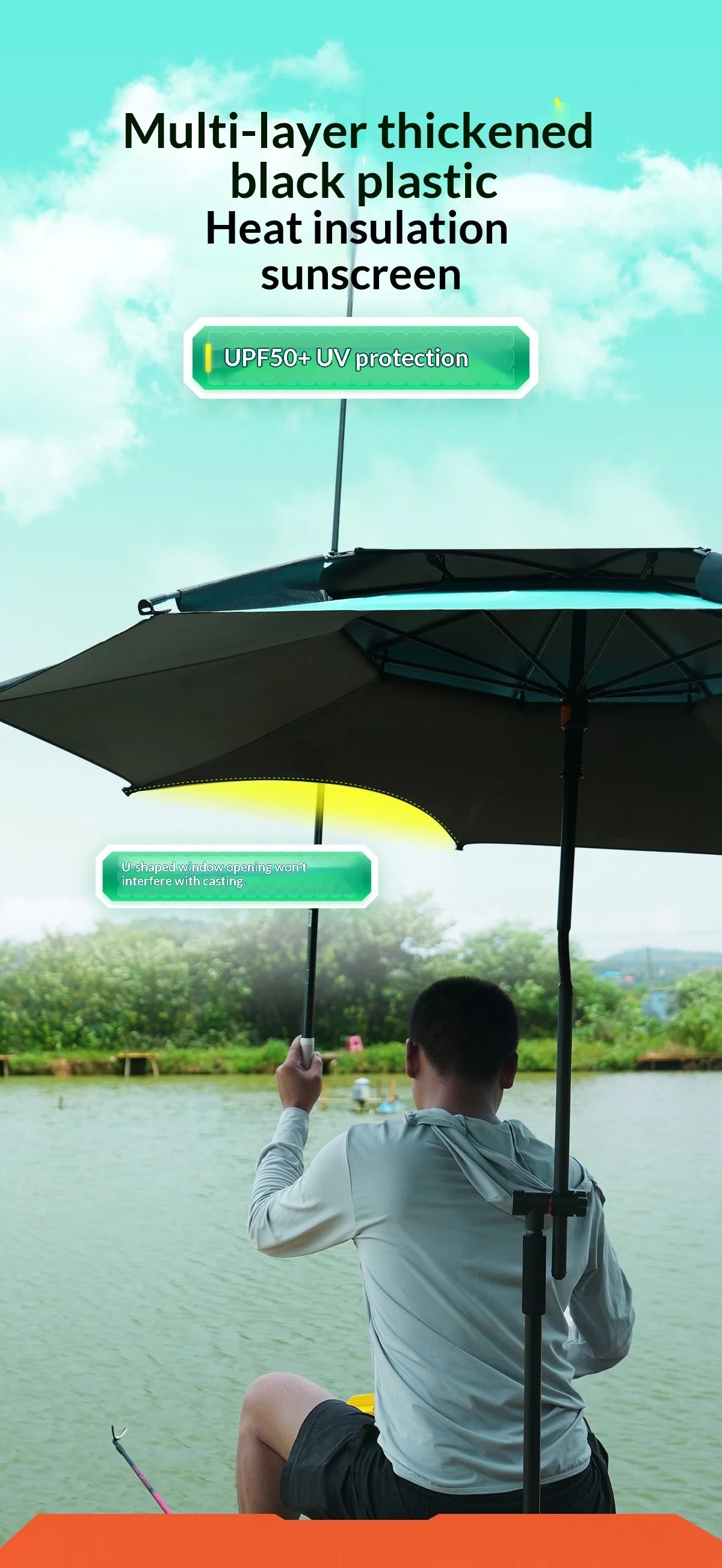 Heavy Duty Fishing Umbrella Thick UV Sunshade Three Fold Large Double Pole Beach Patio Camping Umbrella Base Included Outdoor