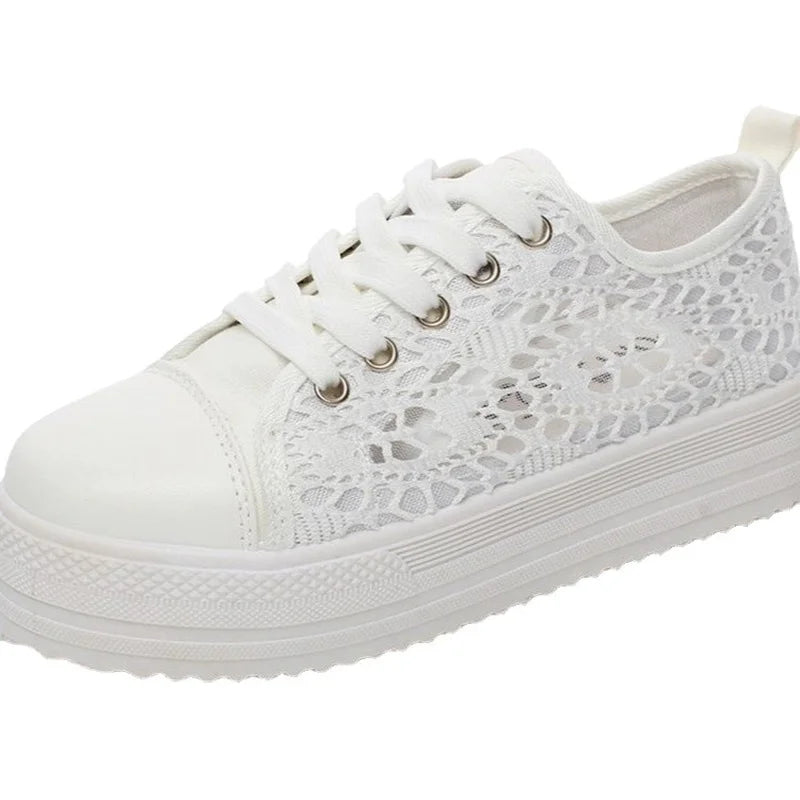 Women Shoes 2023 Fashion Summer Casual White Shoes Cutouts Lace Canvas Hollow Breathable Platform Flat Shoes Woman Sneakers