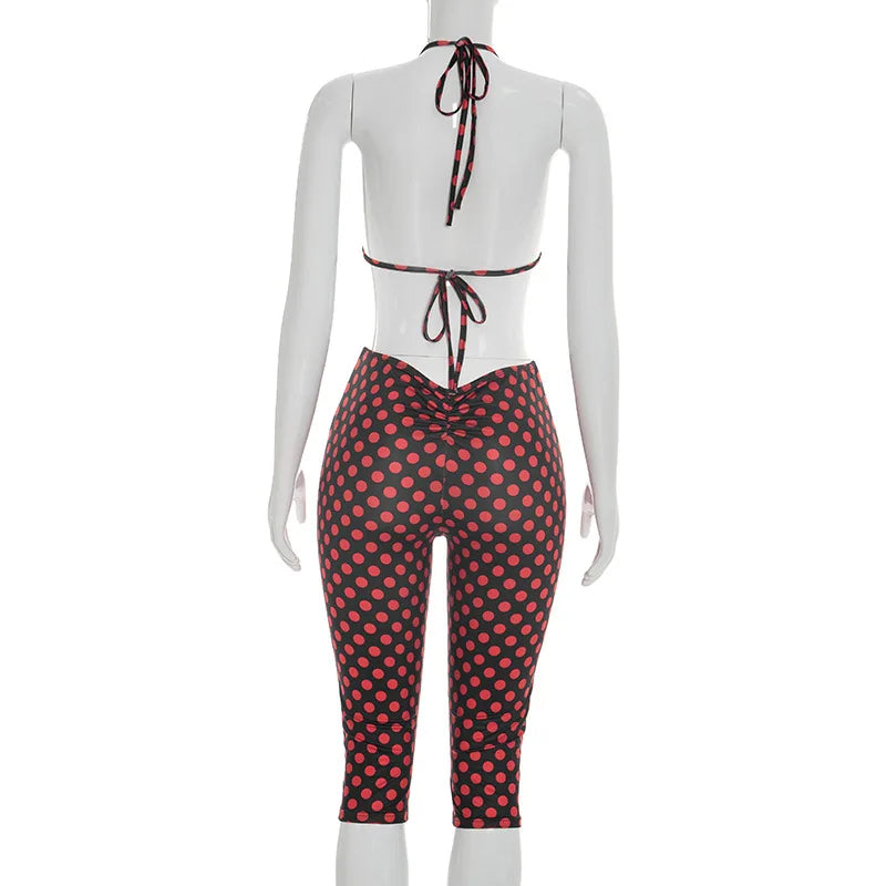 FAGADOER Sexy Woman 3 Piece Set Outfit Polka Dot Print Patchwork Short Sleeve Crop Top and Pants Matching Female Streetwear New