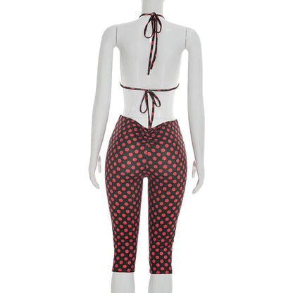 FAGADOER Sexy Woman 3 Piece Set Outfit Polka Dot Print Patchwork Short Sleeve Crop Top and Pants Matching Female Streetwear New