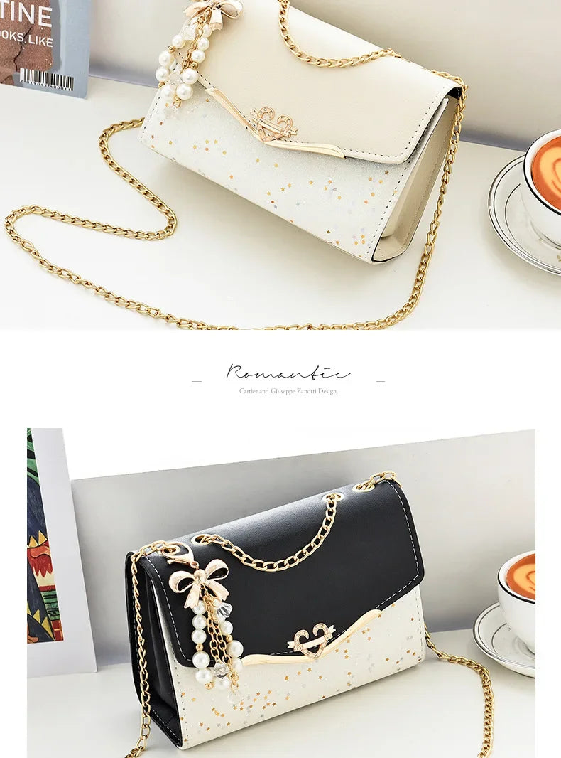 Pouch Ladies PU Leather Handbag with Tassel Pendant Fashion Messenger Bag Women Trendy Sequin Single Shoulder Bags