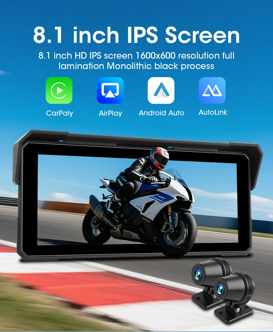 5/8.1 inch Motorcycle Carplay GPS Navigation Wireless Carplay Android Auto IPX7 Waterproof Support 4K+1080P Dual Lens DVR